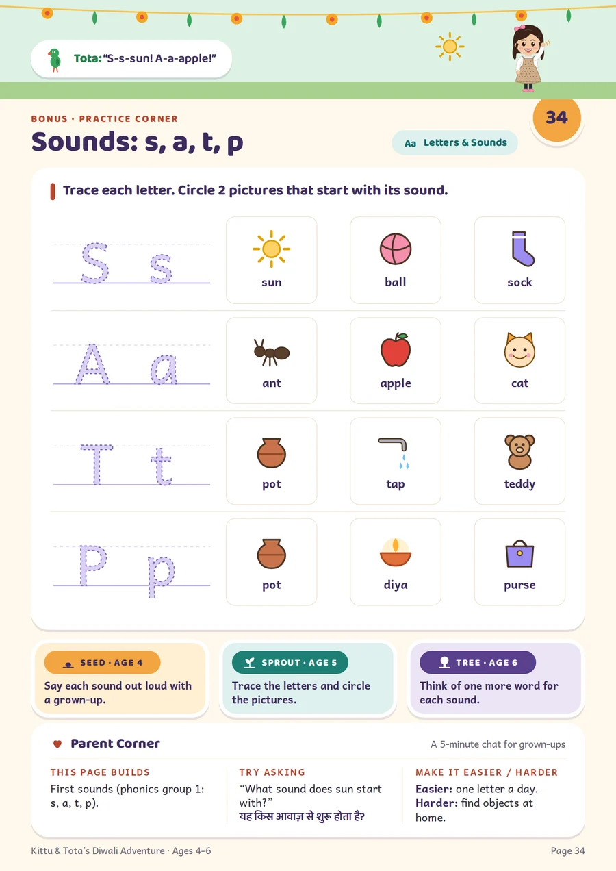 Page 34 · Sounds s, a, t, p · Letters & Sounds