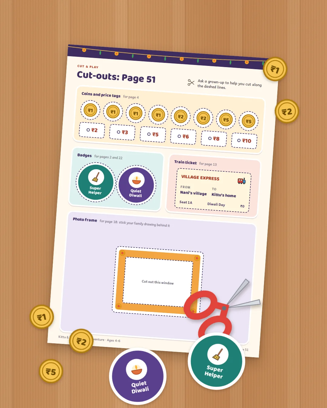 Cut-out coins, badges and scissors