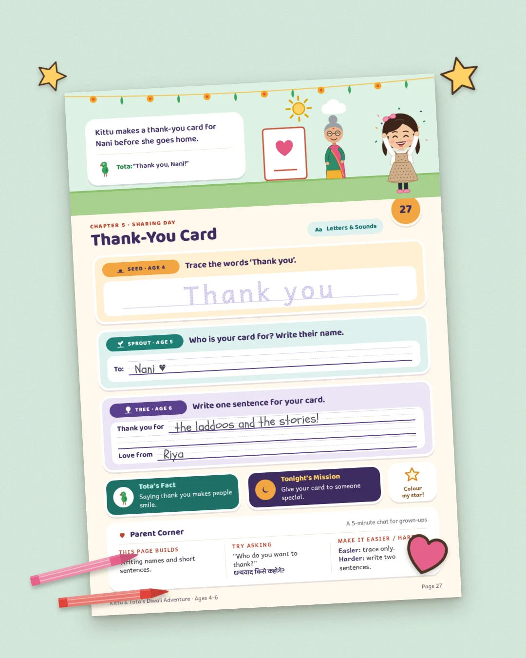 A filled-in thank-you card for Nani